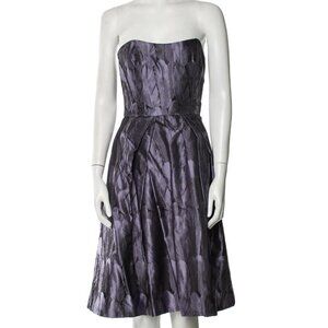 Carolina Herrera Strapless Corset Bodice Feather Print 100% Silk Midi Dress 8 US